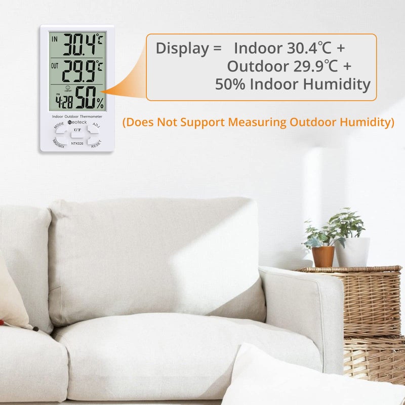 Neoteck 3 in 1 Thermometer Hygrometer with Clock Large LCD Display, Digital Humidity Temperature Meter 1.5m Sensor Wire for Indoor Outdoor Use - Image 5
